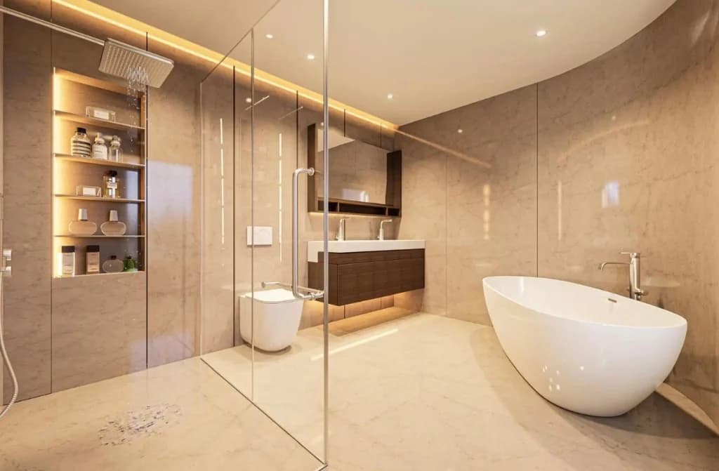 Visualisierung: Bad mit freistehender Wanne, bodenebener Dusche und Doppellavabo