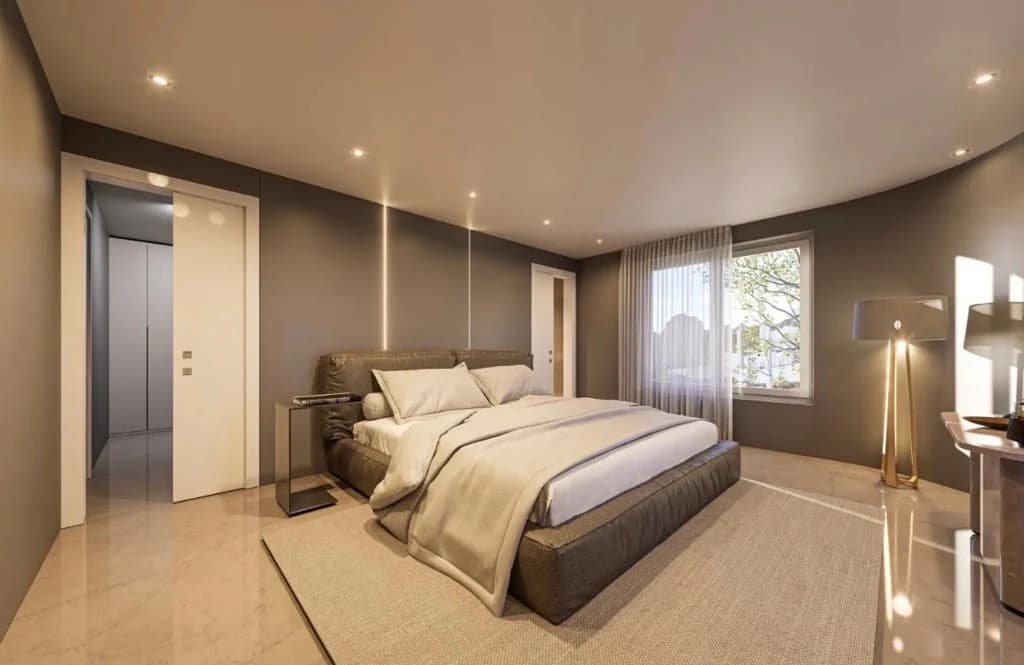 Visualisierung: dasselbe Schlafzimmer in warmen, dunklen Tönen
