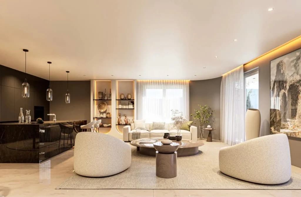 Visualisierung: offener Wohnbereich mit Sofa, Lounge-Sesseln und raumhohen Vorhängen