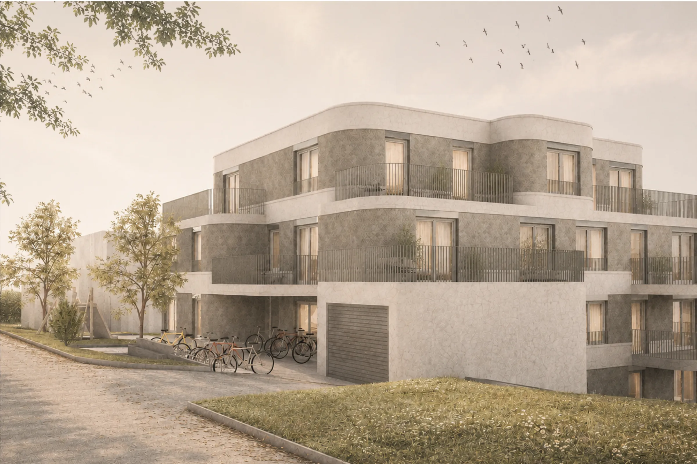 Visualisierung des Neubaus an der Rebstrasse 23 in Oberhasli: gerundete Volumen, Balkone und zurückversetztes Attika