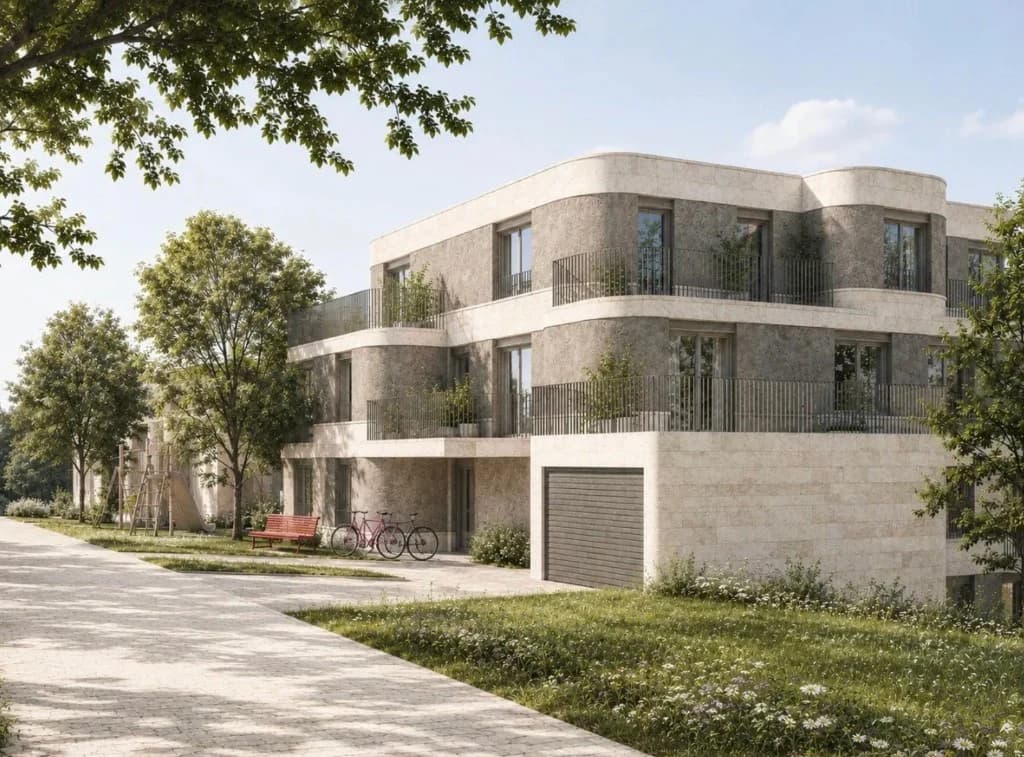 Visualisierung der Fassade zur Rebstrasse mit Autolift, Veloplätzen und Spielplatz im Garten